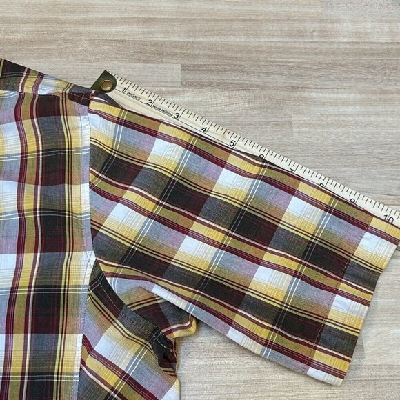 PrAna Shirt Mens Small Pearl Snap Plaid Short Sleeve Brown Yellow Maroon Casual - Picture 10 of 12
